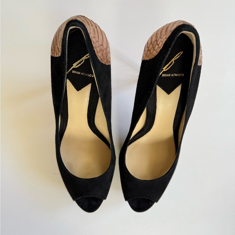 Brian Atwood suede, leather and ostrich peep toe pumps